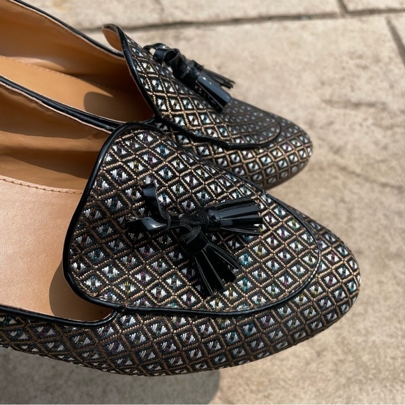 [9.5] J.Crew Black & White, Pink & Blue Diamond Print Almond Toe Tassle Loafers - Picture 5 of 11
